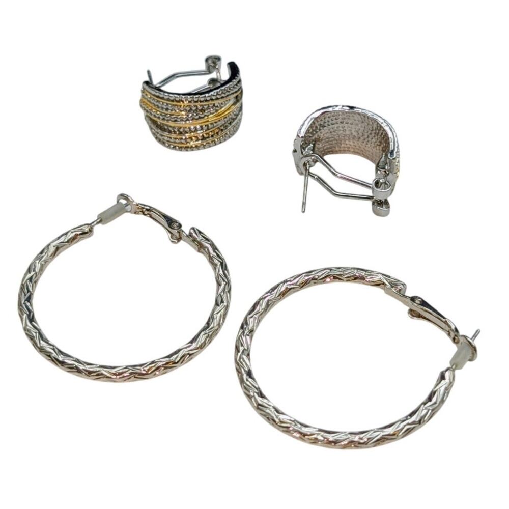 Lot of Two Pair Silver Tone & Two Tone Pierced Hoop Earrings